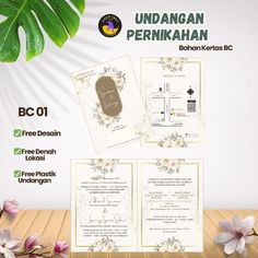 the wedding card is designed with flowers and leaves