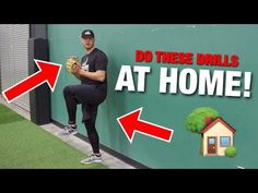 a man holding a baseball in front of a green wall with the words do these drills at home