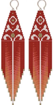 two red and white beaded earrings hanging from hooks on a hook, each with an intricate design