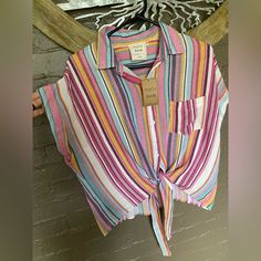 New With Tags, Light Beachy Stylesoft Cropped Sleeve Button Down Striped Shirt With Tie Knot Bottom..Smoke Free Home! Summer Bohemian Collared Top, Bohemian Collared Summer Top, Trendy Striped Blouse For Vacation, Multicolor Collared Tops For Beach Season, Bohemian Collared Beach Shirt, Multicolor Button-up Vacation Shirt, Striped Button-up Beach Shirt, Multicolor Button-up Shirt For Vacation, Striped Shirt With Button Closure For Beach