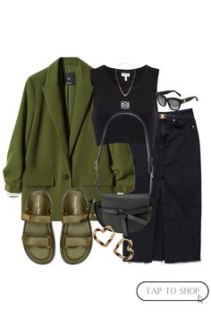 Green Blazer Casual Outfit, Green Crop Blazer Outfit, Olive Green Bag Outfit, Black And Olive Green Outfit, Olive And Black Outfit, Olive Top Outfit, Olive Green Top Outfit, Olive Skirt Outfit, Green Sandals Outfit