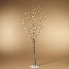 a small tree with lights on it in front of a brown wall and white floor