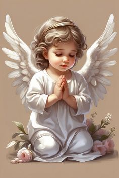 an angel sitting on the ground with her hands folded in prayer and flowers around her