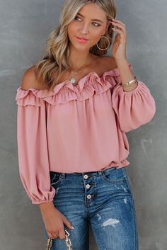 Pink Puff Sleeve Ruffled Off Shoulder Blouse Pink Ruffled Blouse With Lantern Sleeves, Pink Lantern Sleeve Blouse With Ruffles, Pink Ruffled Lantern Sleeve Tops, Pink Lantern Sleeve Tops With Ruffles, Casual Long Sleeve Puff Top With Ruffles, Casual Long Sleeve Puff Sleeve Top With Ruffles, Trendy Ruffled Lantern Sleeve Tops, Casual Puff Sleeve Top With Ruffles, Casual Off-shoulder Blouse With Ruffles