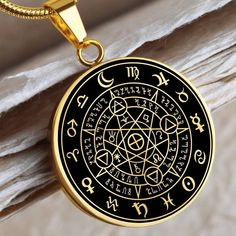 "This Alchemy Septagram necklace Is the Perfect Gift Whether for Yourself or a Loved One.  Explore all our Symbolic Jewelry here: https://www.etsy.com/in-en/shop/SymbolicPresent?ref=seller-platform-mcnav§ion_id=22069637 ➜ Our jewelry is made of high-quality surgical steel with a shatterproof liquid glass coating and an 18k gold finish option. ➜ Engrave onto the back of the Alchemy Septagram pendant your loved one's name, your wedding date, an anniversary, or anything else you want to remember an Symbolic Black Brass Necklace, Symbolic Metal Locket Necklace, Personalized Black Bohemian Jewelry, Music Note Necklace, Schmuck Gold, Symbolic Jewelry, Glass Coating, Luxury Necklace, Wedding Date