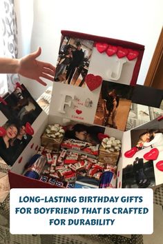 a birthday gift box filled with pictures and hearts for someone's special day or other special occasion