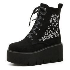 Black Wedge Boots With Flat Heel For Spring, Black Flat Heel Wedge Boots For Spring, Black Round Toe Wedge Boots For Spring, Black High Heel Wedge Boots For Spring, Spring High-top Platform Wedge Boots, Black High Ankle Wedge Boots For Spring, Spring Ankle-high Platform Wedge Boots, Black Boots With Floral Embroidery For Fall, Black Floral Embroidery Boots For Fall