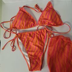 Pink And Orange Zebra Print String Bikini With Matching Wrap Skirt Cover Up Size Large. New Pink High Waist Swimwear For Spring, Pink High-waist Swimwear For Spring, Pink Beachy Bottoms For Beach Party, Pink Bottoms For Beach, High Waist Pink Bottoms For Beach, Pink High Waist Swimwear For Beach Party, Pink High Waist Swimwear For Beach, High Waist Pink Swimwear For Beach Party, Pink High-waist Swimwear For The Beach