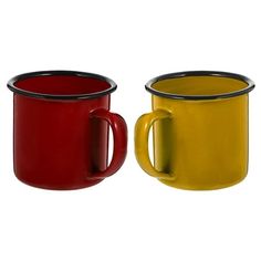 two different colored coffee mugs sitting next to each other