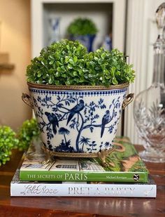 a blue and white planter sitting on top of a stack of books