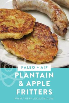 two sausages and pancakes on a plate with the words palen & apple fritters