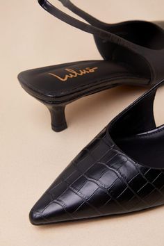 The Lulus Boden Black Croc-Embossed Kitten Heel Slingback Pumps are ready to add some pep to your step and an air of sophistication to your 'fit! These cute and versatile pumps have a crocodile-embossed, faux leather construction that shapes a pointed-toe upper and a low-cut collar that flows into a slingback strap (with a bit of elastic at the instep). A chic, kitten-style heel completes the sleek look! Available in whole sizes only. 2" wrapped spool heel. Cushioned insole. Rubber sole has nons Spool Heel, Kitten Heel Pumps, Slingback Pump, Heel Pumps, Kitten Heel, Sleek Look, Low Cut, Pumps Heels, Rubber Sole