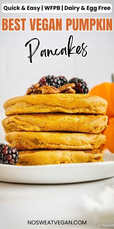 the best vegan pumpkin pancakes are stacked on top of each other