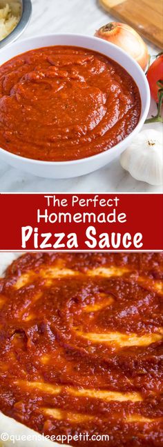 the perfect homemade pizza sauce is in a bowl and ready to be eaten with it