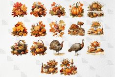 a bunch of turkeys and pumpkins on a white background with autumn leaves around them