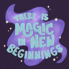 there is magic in new beginnings written on the back of a purple elephant with stars