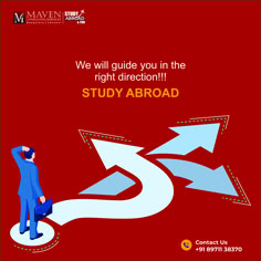 a man standing on top of an arrow pointing to the right with text reading we will guide you in the right direction study abroad