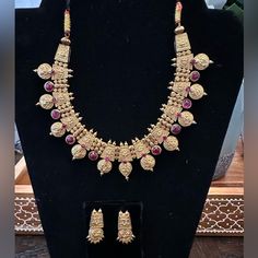 Hi I’m Selling A Beautiful Brand New Gold Plated Set. This Is Sterling Silver Metal With 22karat Gold Plated On Top. And Real Gem Stones I Will Consider All Offers. Thank You Designer Pink Jewelry For Wedding, Designer Pink Wedding Jewelry, Hindu God, Gold Necklace Designs, Jewelry Design Necklace, Gem Stones, Design Color, Gold Plated Jewelry, Jewelry Plate