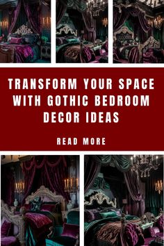 Gothic bedroom with rich, dark velvet drapes, ornate furniture, and chandelier lighting.