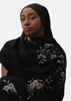 Indulge in the timeless allure of our black cashmere scarf. Its delicate multi-colored floral embroidery combined with tonal black filigree lace at the ends, creates an exquisite blend of sophistication and uniqueness. This scarf offers both warmth and style, making it a must-have accessory for any occasion. Elegant Black Chikankari Embroidered Fabric, Elegant Black Dupatta With Chikankari Embroidery, Black Pashmina Shawl With Intricate Embroidery, Black Embroidered Pashmina Shawl, Black Intricate Embroidery Pashmina Shawl, Elegant Black Shawl With Resham Embroidery, Black Pashmina Shawl With Embroidered Border, Elegant Black Fabric With Floral Embroidery, Black Pashmina Shawl With Resham Embroidery