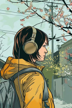 a woman with headphones on walking down the street in front of a blossoming tree