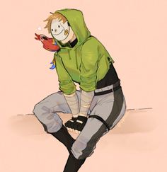 a drawing of a person wearing a green hoodie and holding a red object in his hand