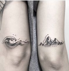 two tattoos with mountains and waves on their arms, one is black and white the other is grey