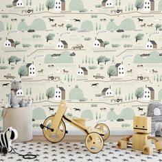 Rustic Farm Village Nursery Wallpaper - MAIA HOMES Wallpaper Glue, Farm Village, Large Wall Murals, Wallpaper Stores, Rustic Nursery, Neutral Wallpaper, Star Nursery, Wallpaper Accent Wall, Kids Room Wallpaper