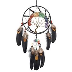 a dream catcher with feathers and beads hanging from it's side on a white background