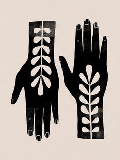 two black and white hand prints with leaves on them, one is holding the other's palm