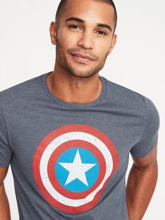 "This licensed graphic t-shirt is totally classic & gender neutral, too.  Wearable & shareable for you, for him, for her, for them! Rib-knit crew neck.  Short sleeves.  Marvel™ Captain America shield graphic across front.  Super-soft, lightweight j Walk For Life, Captain America T Shirt, Captain America Tshirt, Neutral T Shirts, Captain America Shield, Marvel Captain America, Marvel Entertainment, Old Navy Men, Marvel Characters