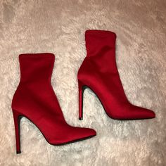 Red Ankle Boot With Pointed Toe. Satin Like Material, Not That Stretchy. No Zipper So It Is A Slide On Boot. Never Worn, Size 36 Ankle-high Boots With Red Sole For Winter, Red High Heeled Boots For Winter, Red High Ankle Heeled Boots For Winter, Red Ankle Boots For Winter, Red Ankle-high Heels With 4-inch Heel, Red Heeled Boots With Reinforced Heel For Winter, Red High Ankle Heels For Winter, Red High Ankle Boots With Reinforced Heel, Fitted High Heel Booties With Padded Ankle