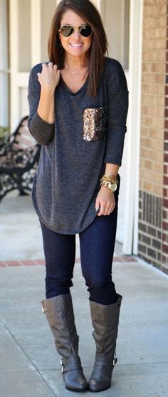 shirt Sparkle Boots, Gray Boots, Fashion T Shirt, Work Wardrobe, Chiffon Blouse, Batwing Sleeve, Pocket Detail