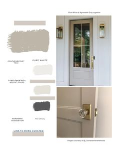 the front door is painted white and has different shades of gray on it, including light brown