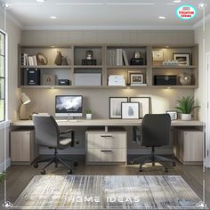 a home office with two desks and an area rug