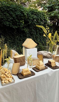 a table topped with lots of cheese and crackers on top of a white table cloth