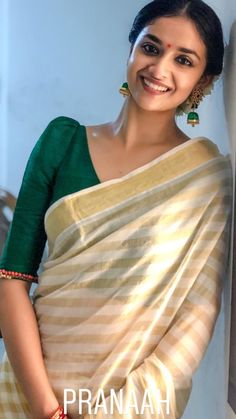 White Sari, Brocade Blouse Designs, Keerthi Suresh