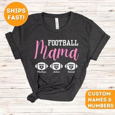 Celebrate your pride as a football mama with our custom t-shirt! This design features "Football Mama" along with multiple footballs, each personalized with your players' numbers and names underneath. We can do as many numbers and names as you would like. Perfect for moms with multiple football stars, this shirt combines style and personalization. Crafted from soft, high-quality fabric, it offers comfort for cheering at games or casual wear. It's a heartfelt way to showcase your support for your Customizable T-shirt For Football Season, Football Season Fan Apparel T-shirt With Name Print, Customizable Casual T-shirt For Football Season, School Spirit T-shirt With Custom Print For Football Season, Football Season Sports Fan T-shirt With Custom Print, Custom Print T-shirt For Football Season, Football Season Fan Apparel T-shirt With Custom Print, Customizable Black T-shirt For Football Season, Custom Print Football Season Fan T-shirt