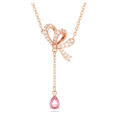 Volta Y pendant, Bow, Pink, Rose gold-tone plated | Swarovski Bow Necklace, Swarovski Necklace, Silver Bow, Clear Crystals, Swarovski Jewelry, Romantic Gift, Rose Gold Necklace, Pink Crystal, The Rose