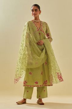 Green anarkali featuring floral silk applique clustered motifs embellished with sequins. Comes with embellished pant, scalloped hem dupatta and inner slip. - Aza Fashions Green Anarkali, Silk Organza, Green Silk, Scalloped Hem, Pant Set, Set For Women, Anarkali, Aza Fashion, Empire Waist