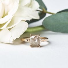 Josette Cushion Cut Gray Diamond Engagement Ring Hammered 14k Gold Band - MTD Budget Engagement Rings, Low Profile Engagement Rings, Grey Diamond Engagement Ring, Hexagon Engagement Ring, Hammered Wedding Bands, Grey Diamond Ring, Gray Diamond, Future Engagement Rings, Moissanite Engagement Ring Oval