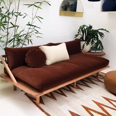 a brown futon couch sitting on top of a white rug next to a potted plant