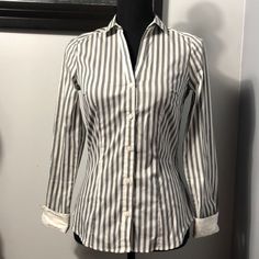 H&M Gray And White Striped Button Up Shirt New With Tag Size 4 Ptp 17” Length 26.5” Uu Slim Fit Button-up Blouse With Buttons, Fitted Blouse With Buttons For Business Casual, Fitted Button-up Blouse With Placket, Slim Fit Blouse With Buttons For Business Casual, Slim Fit Button Blouse For Business Casual, Fitted Blouse With Button Closure And Spread Collar, Fitted Button-up Shirt With Buttons, Slim Fit Collared Blouse With Buttons, Fitted Workwear Shirt With Buttons