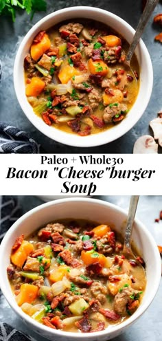 two bowls filled with bacon cheeseburger soup