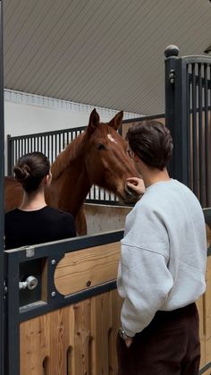 a man and woman standing next to a brown horse