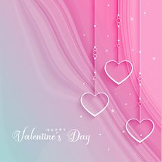 two hearts hanging from strings on a pink and blue background with the words happy valentine's day