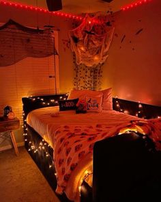 a bedroom decorated with lights and decorations