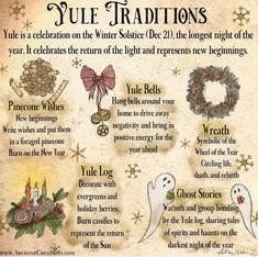 an old style christmas card with the words yule traditions written in english and spanish