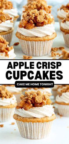 apple crisp cupcakes with white frosting on top