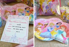 there are two pictures of princesses and some snacks on the table with paper plates